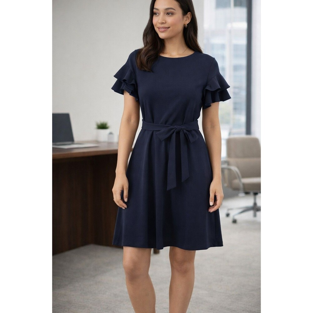 Calvin Klein Navy Ruffle Sleeve Fit & Flare Dress Women’s Size 6 Tie Waist